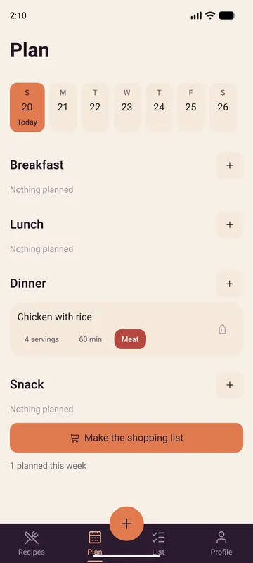 The weekly plan in the Bashlu app